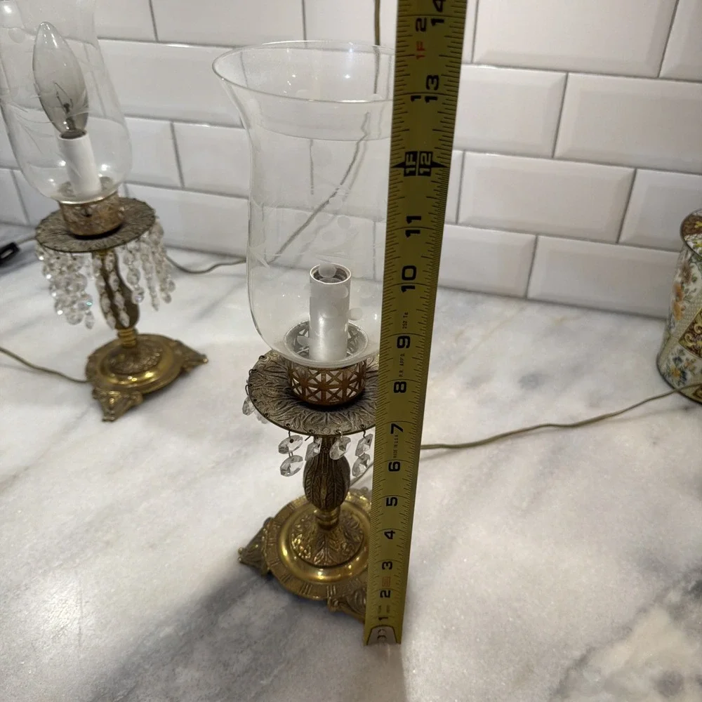 MCM Vtg Art Deco Pair Of Footed Brass Dangling Crystal Hurricane Lamps OLA0001